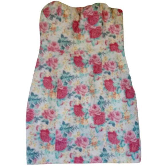 White Pink Floral Strapless Mini Dress Size Medium - - Picture 1 of 3
